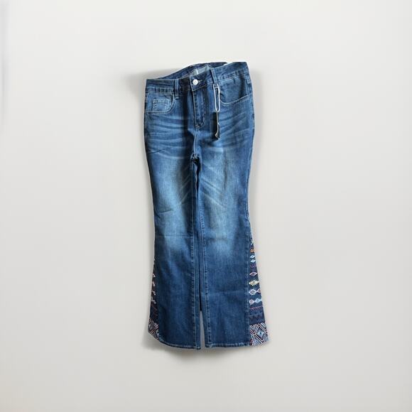 Flamingals Jeans Womens Blue Medium Wash Flared Mid Rise Embroidered Western